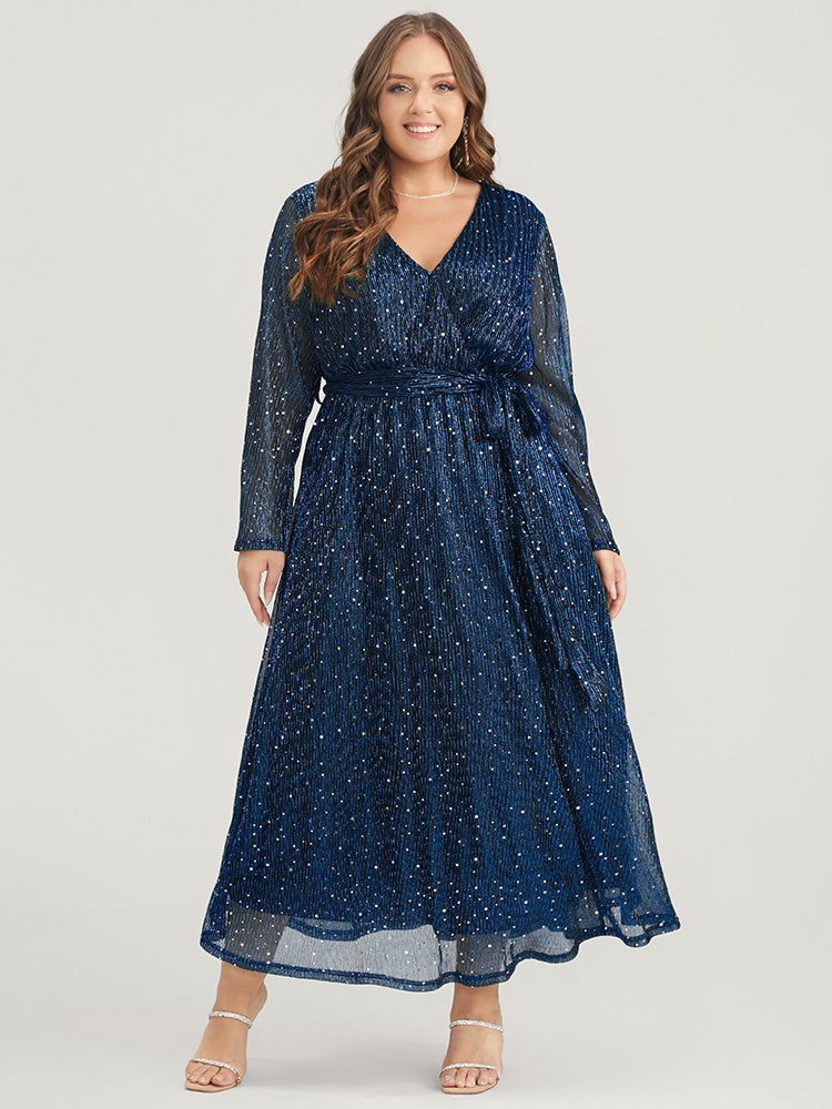 Solid Pocket Wrap Belted Sequin Mesh Maxi Dress