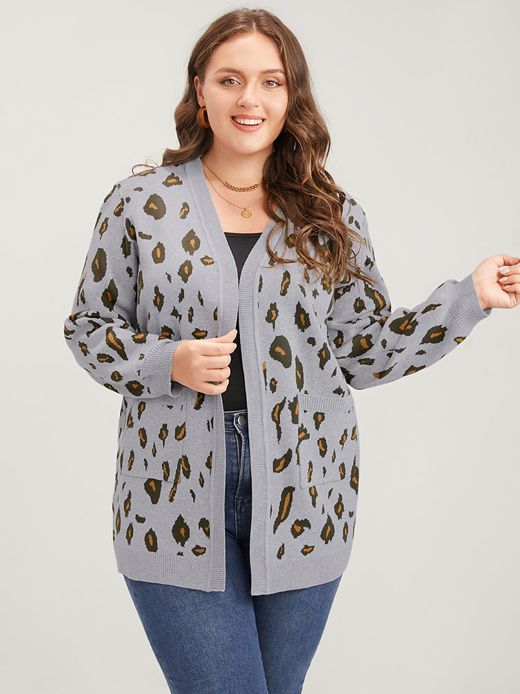 Leopard Super Soft Knit Pocket Jacquard Open Front Cardigan