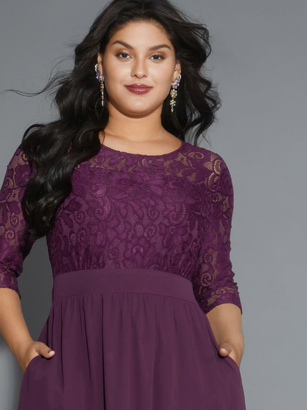 Lace Patchwork Shirred Midi Pocket Dress