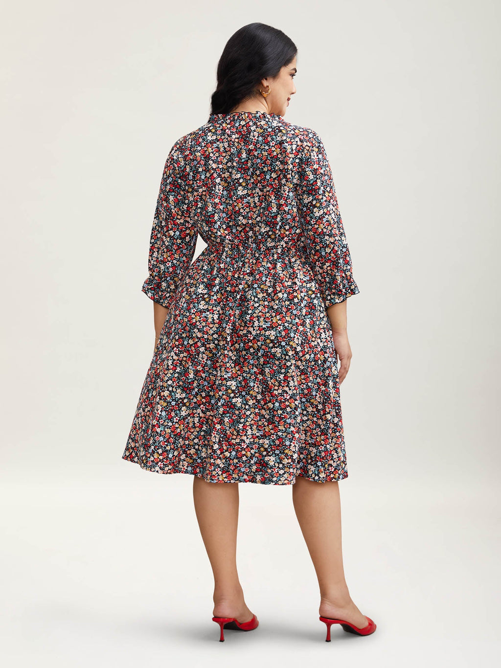 Floral Print Drawstring Pockets Flared Midi Dress