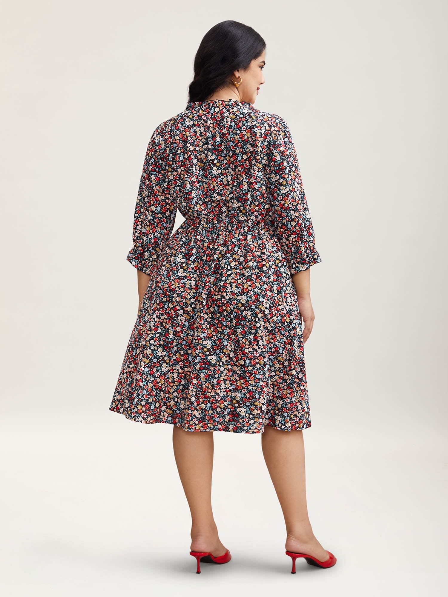 Floral Print Drawstring Pockets Flared Midi Dress