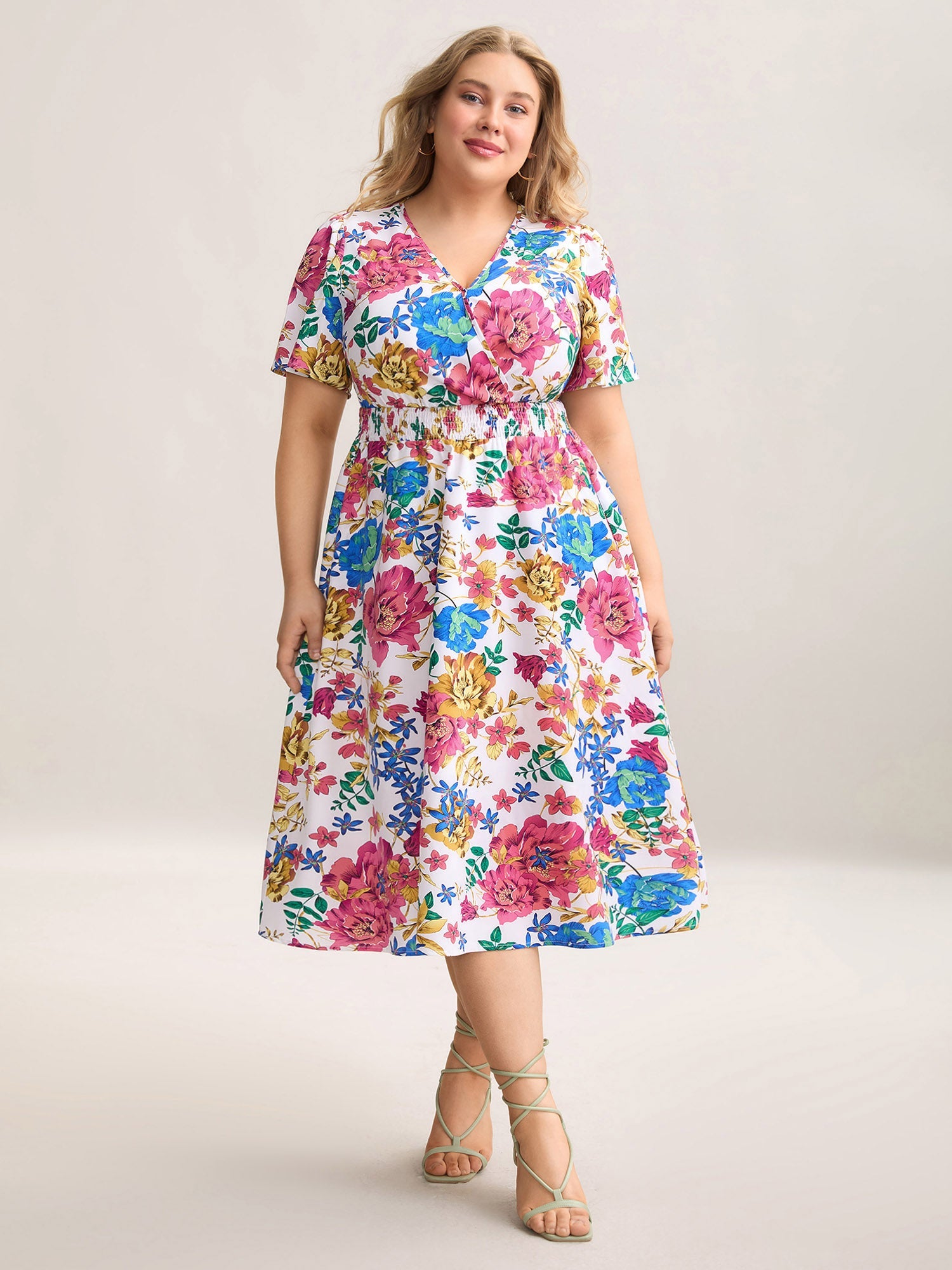 Blooming Flowers Surplice Neck Pockets Dress