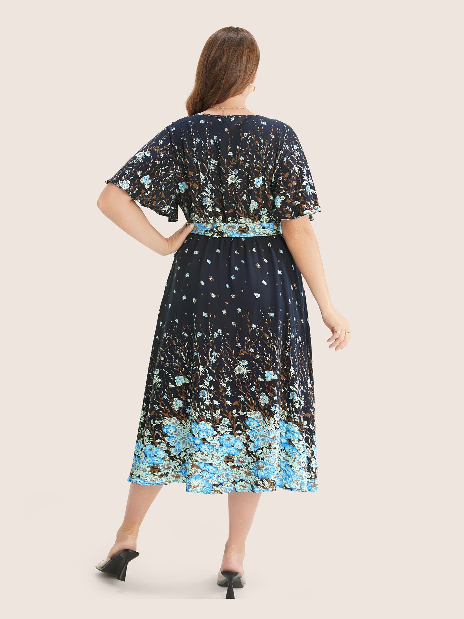 Floral & Butterfly Print Contrast Lace Pocket Belted Ruffles Dress