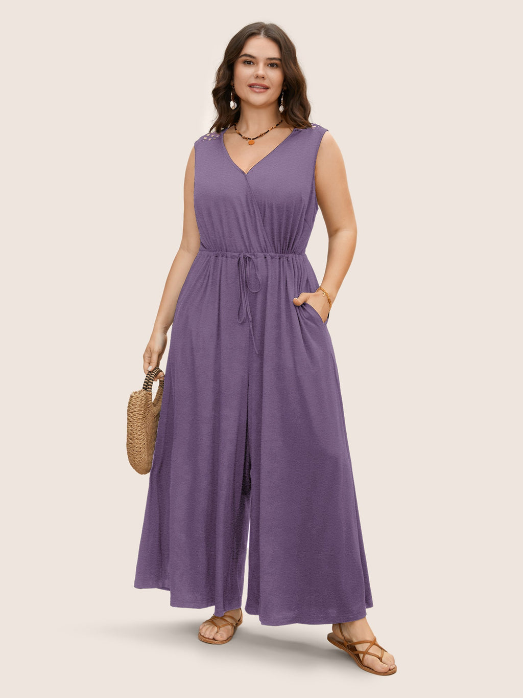 V Neck Crocheted Cut Out Jumpsuit