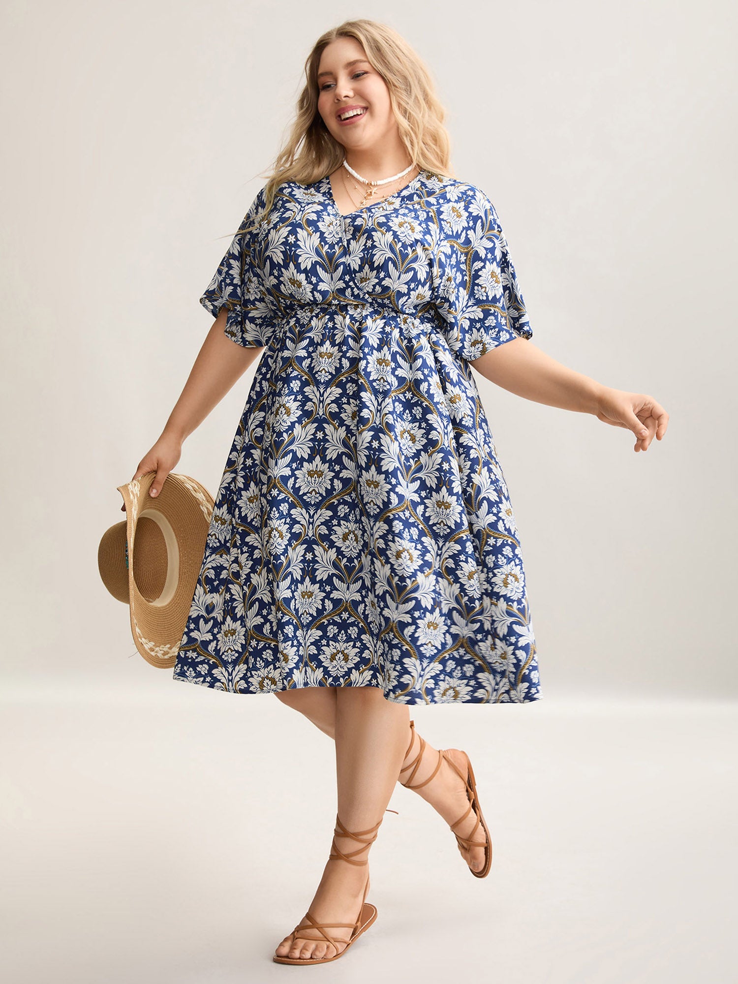 Boho Print Shirred Surplice Neck Midi Dress