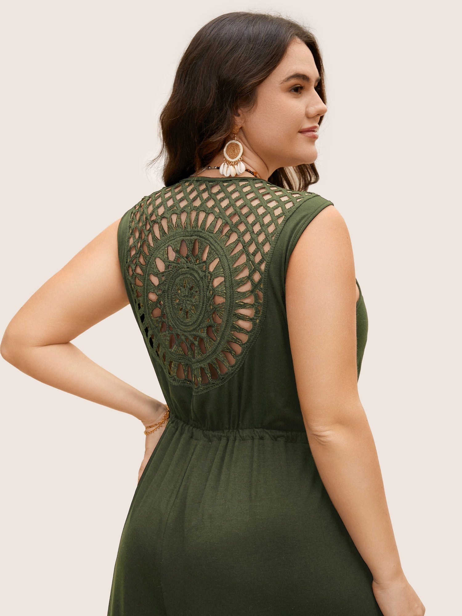 V Neck Crocheted Cut Out Jumpsuit