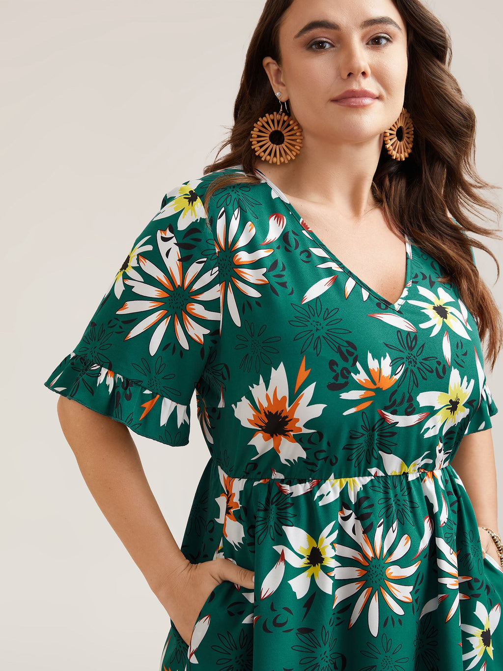 Spring Floral Print Pockets Ruffled Midi Dress