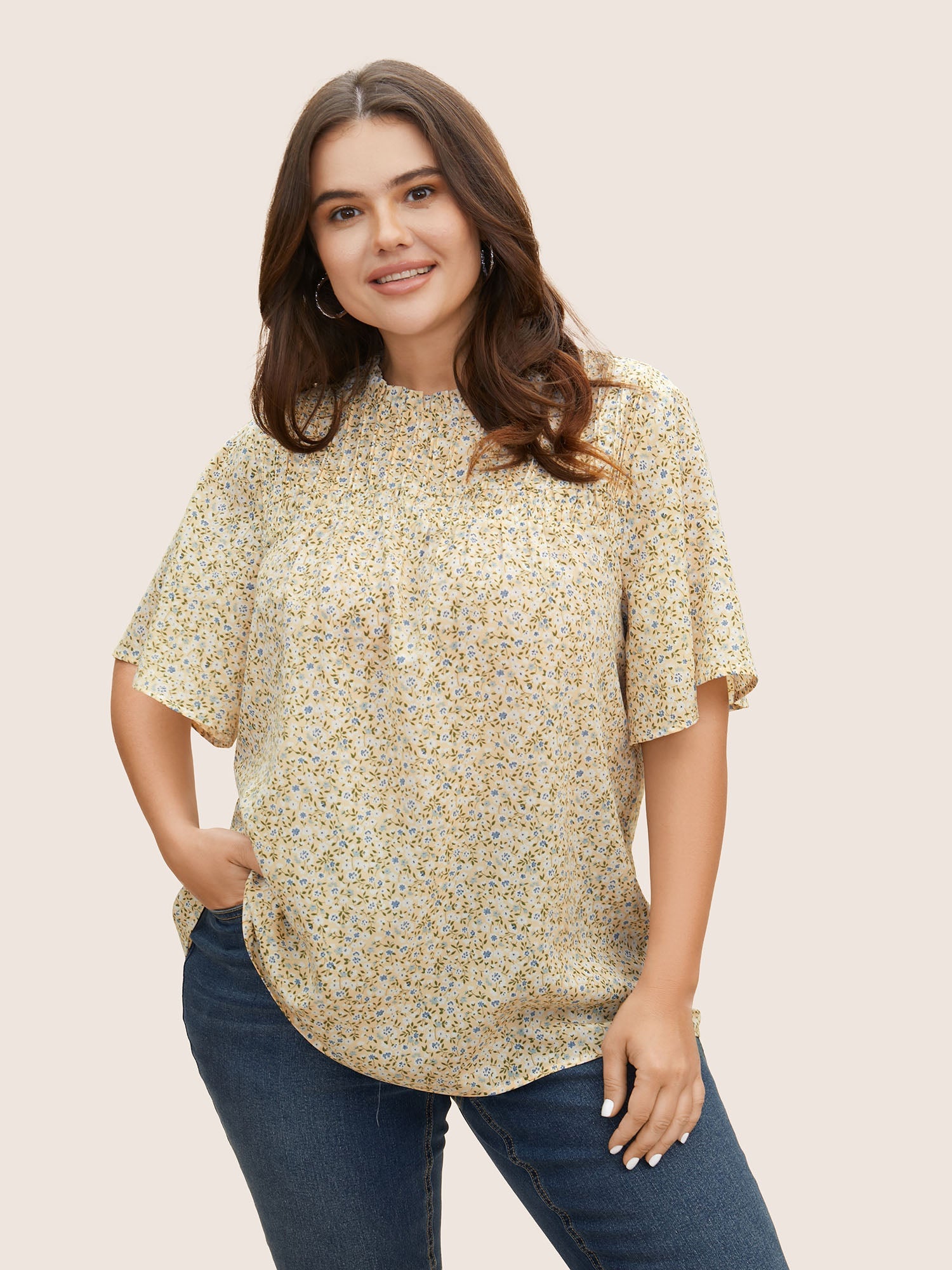 Ditsy Floral Plicated Detail Frill Trim Blouse