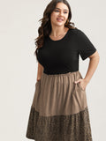 Leopard Print Color-Block Pockets Midi Dress