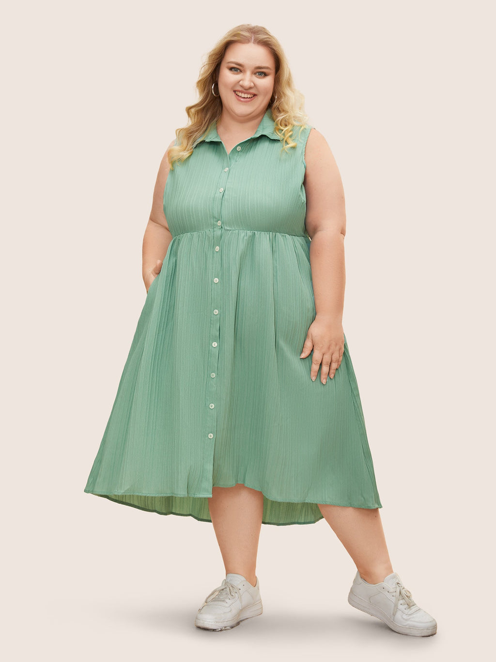 Solid Shirt Collar Ruffle Pocket High Low Hem Button Up Dress