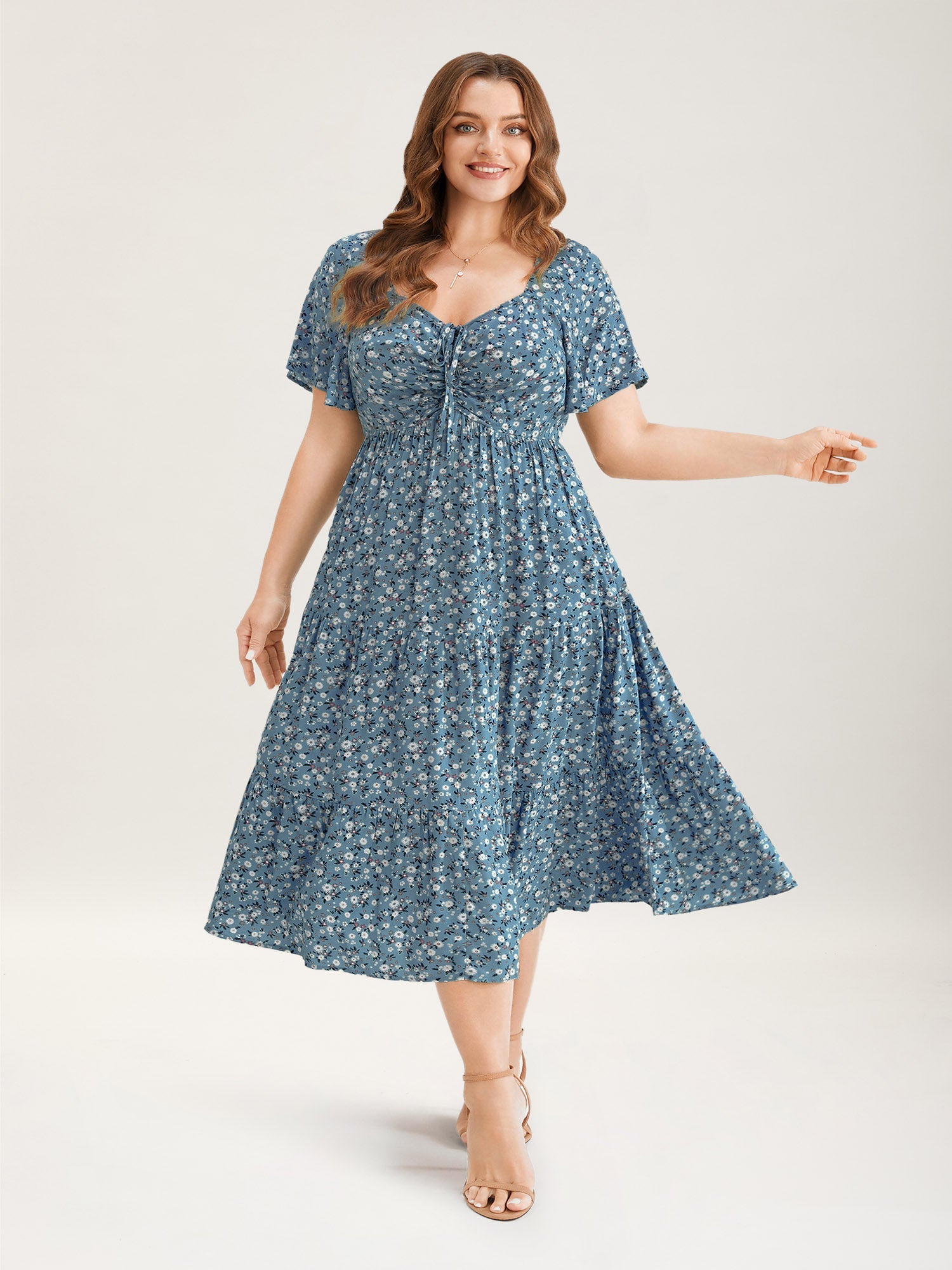 Ditsy Floral Drawstring Ruched Pocket Ruffle Tiered Dress