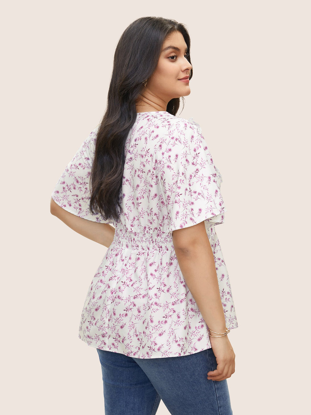 Floral Pleated Elastic Waist Ruffle Sleeve Blouse