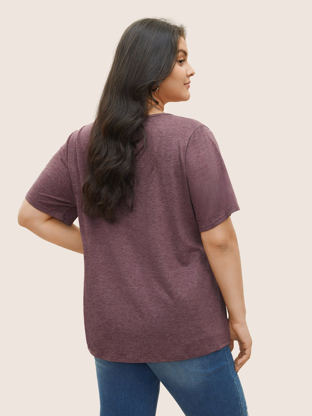 Solid Pleated Front Button Detail V Neck T-shirt