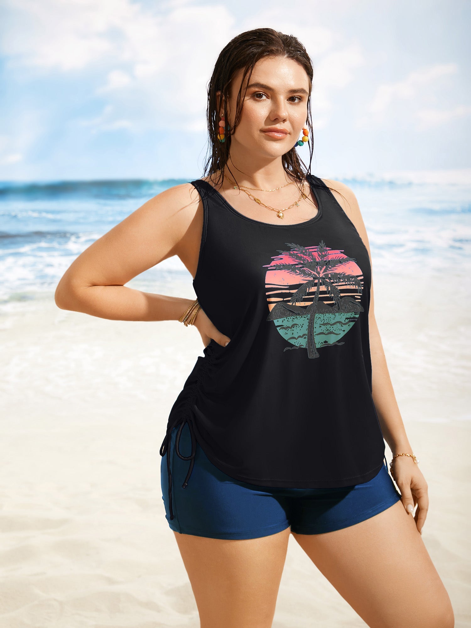 Island Print Drawstring Adjustable Swim Top