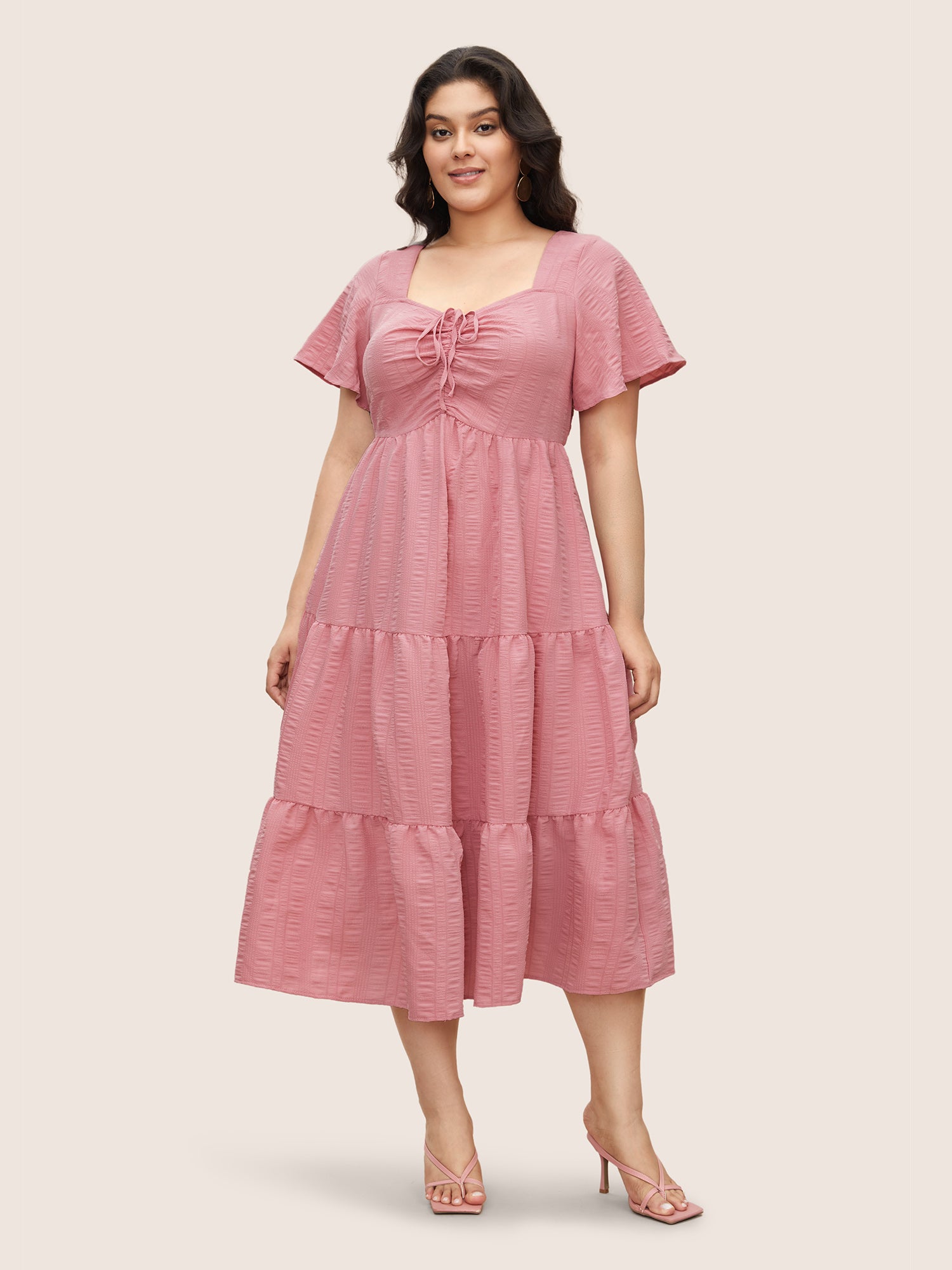 Plain Ruched Drawstring Pocket Ruffle Tiered Dress