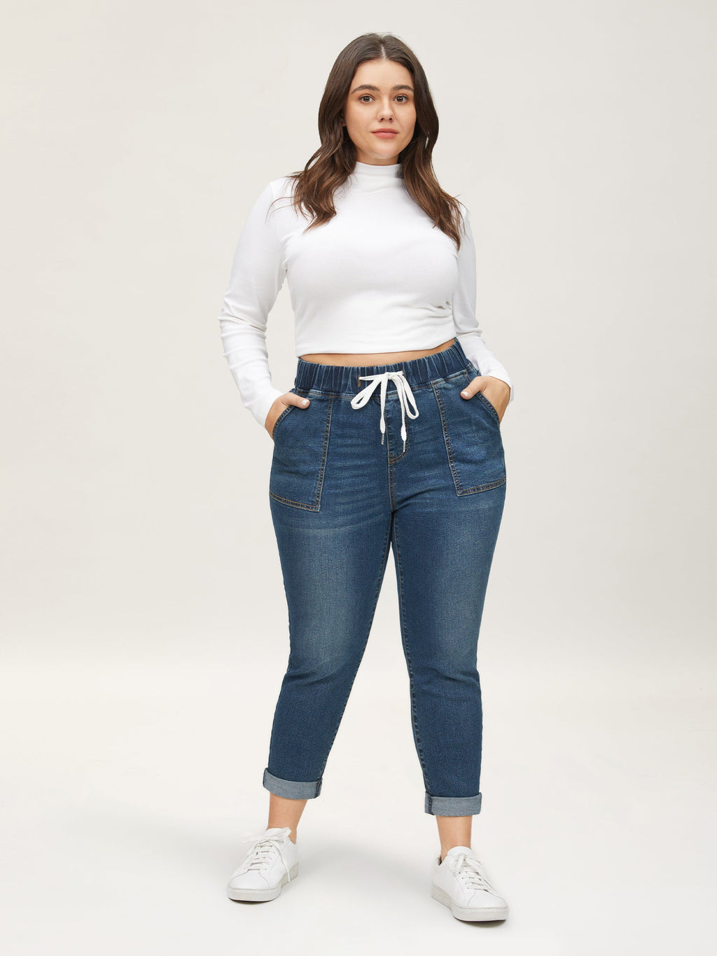 Drawstring Elastic Waist Roll Hem Jeans