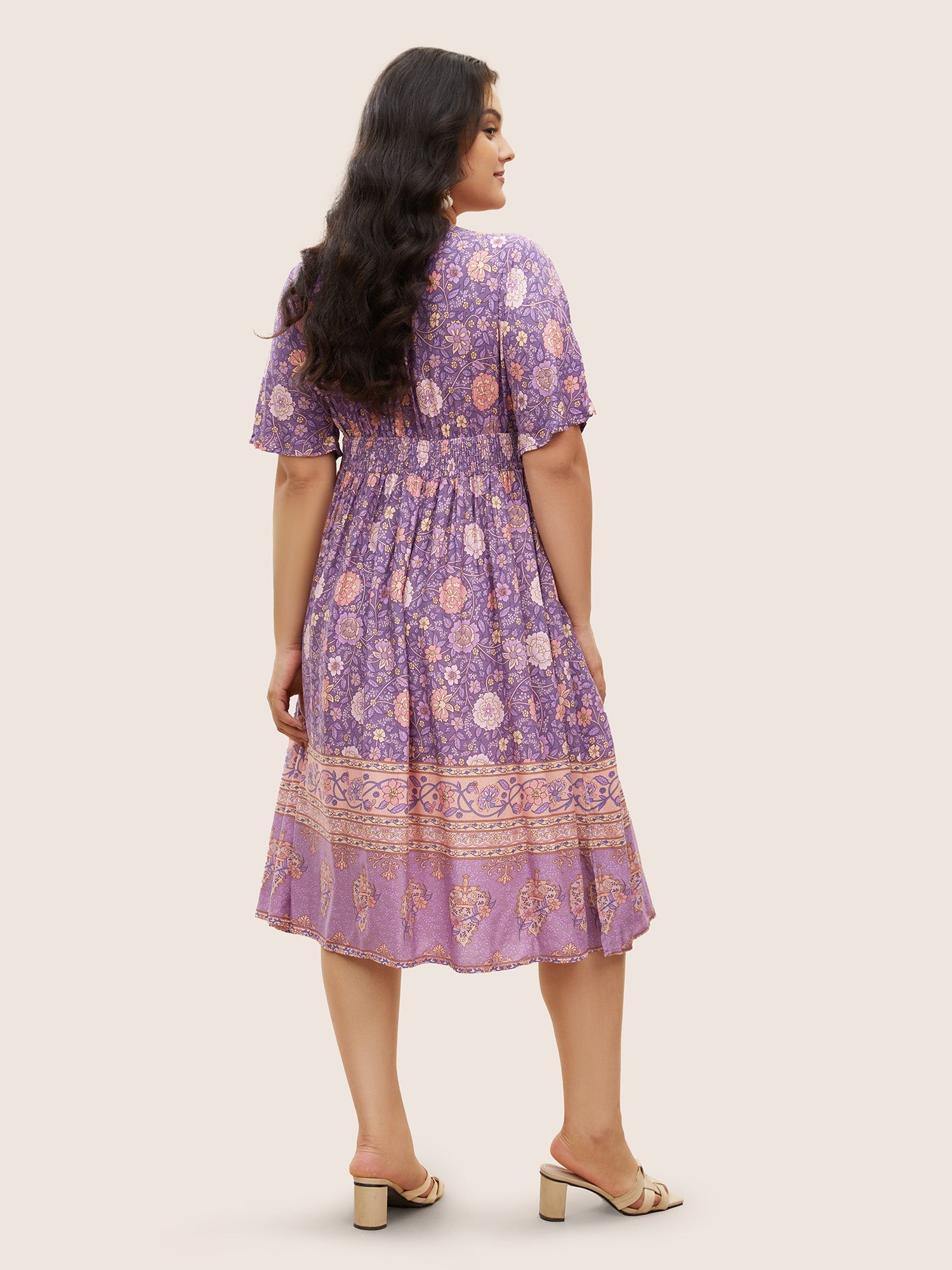 Floral Dolman Sleeve Ruffles Shirred Split Hem Dress