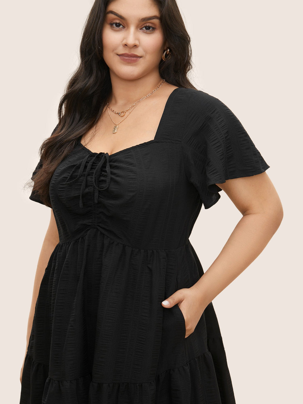 Plain Ruched Drawstring Pocket Ruffle Tiered Dress