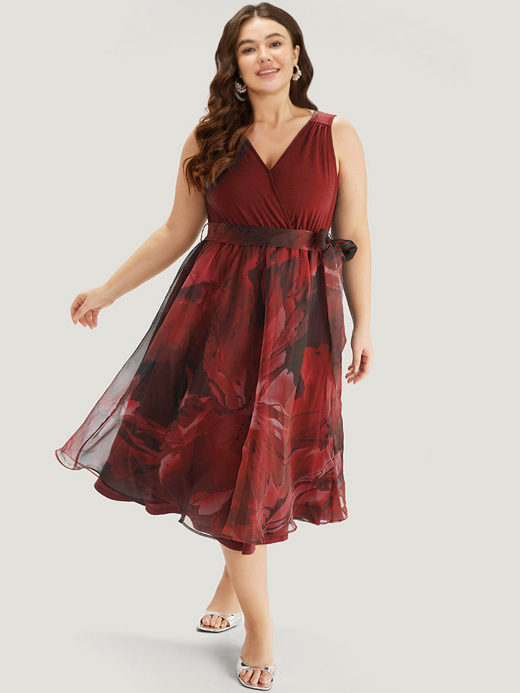 Floral Print Belted Patchwork Pocket Tank Dress