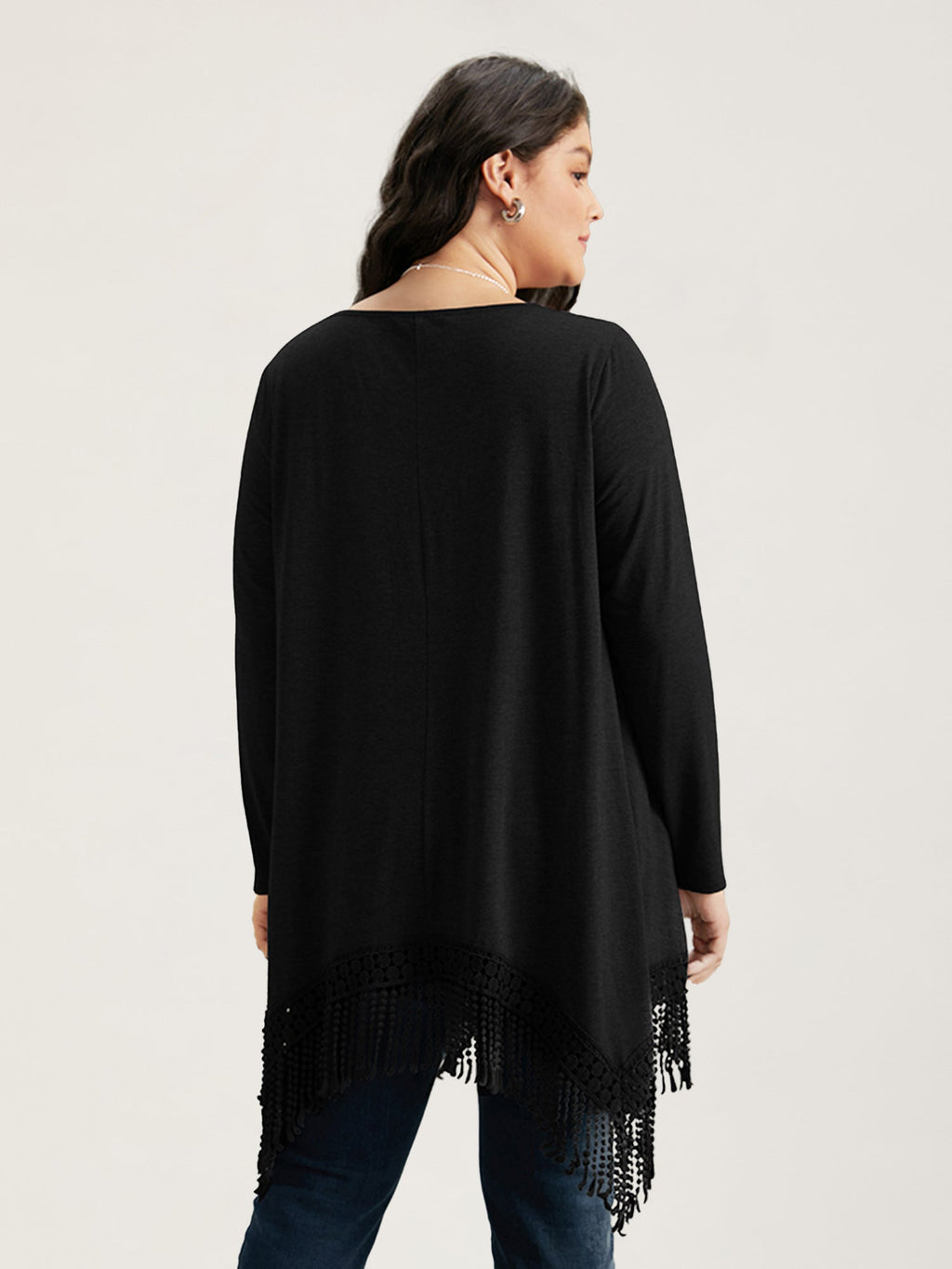 Solid Tassels Trim Pocket Asymmetrical Hem T-shirt