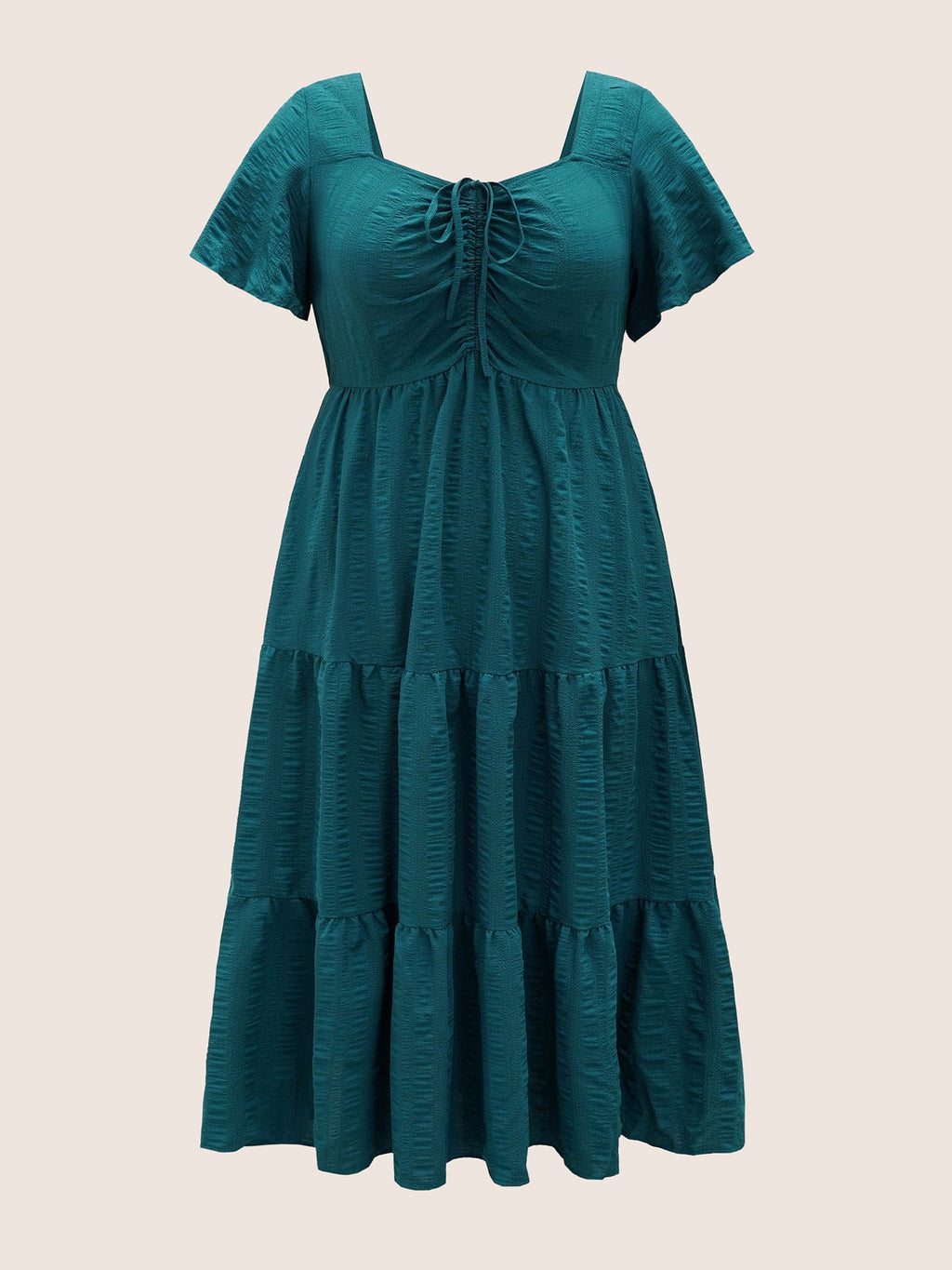 Plain Ruched Drawstring Pocket Ruffle Tiered Dress