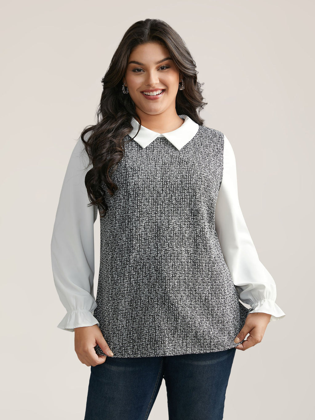 Tweed Patchwork Lantern Sleeve Blouse