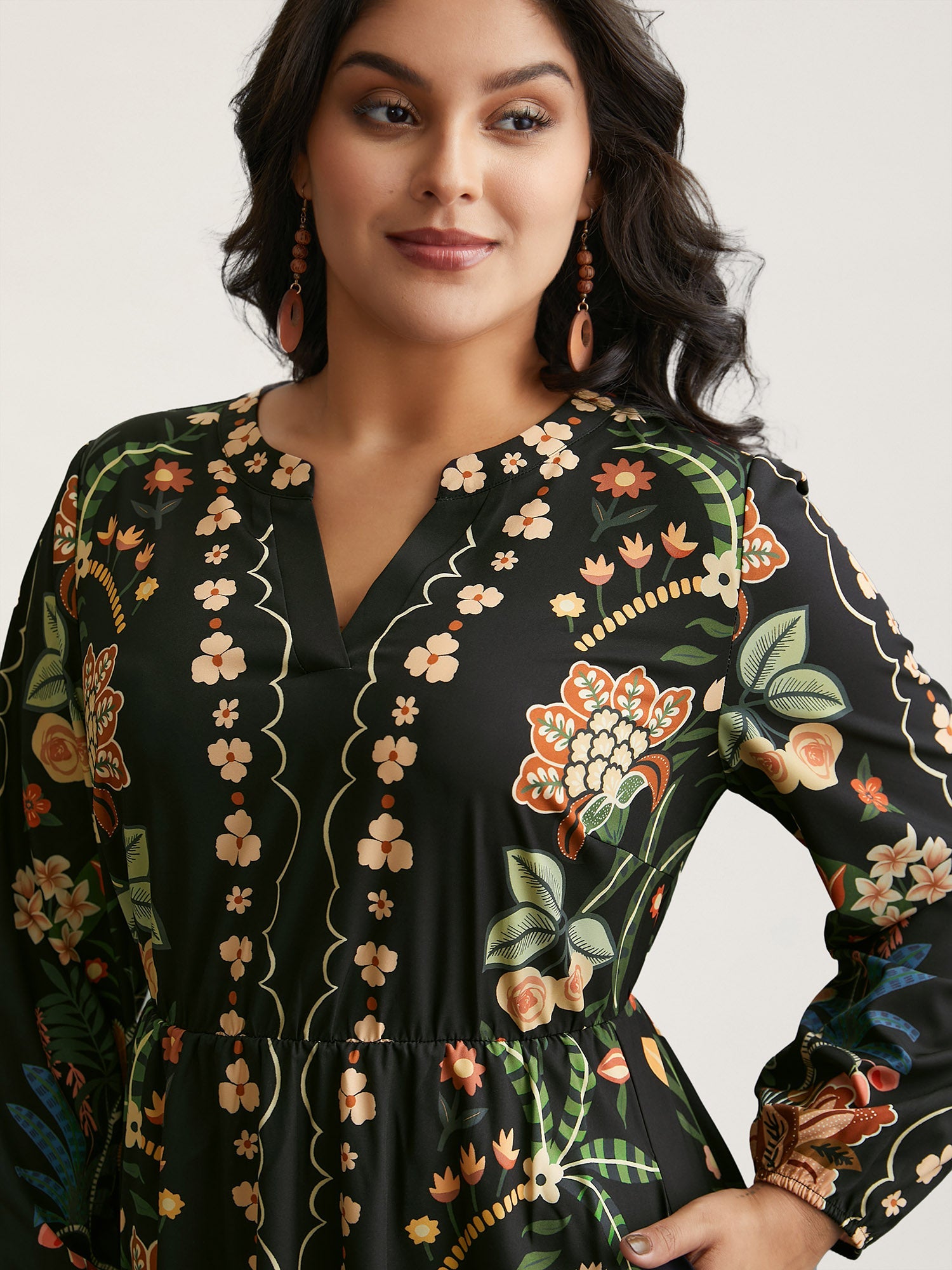 Floral Print Notched Collar Elastic Waist Dress