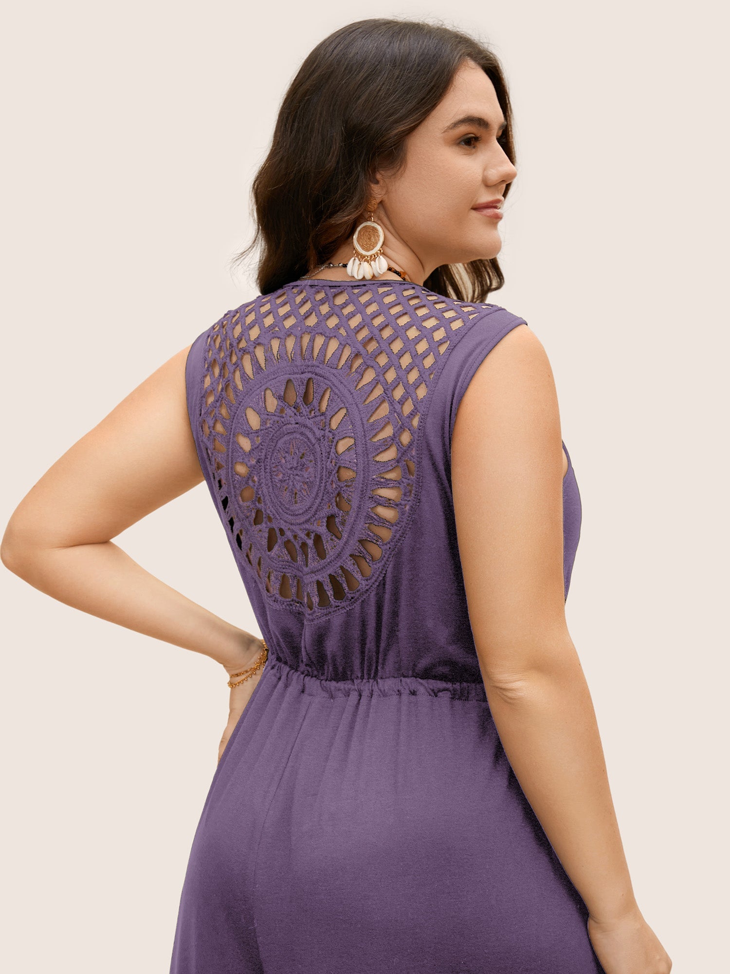 V Neck Crocheted Cut Out Jumpsuit