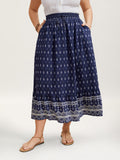 Boho Print Pleated Drawstring Midi Skirt