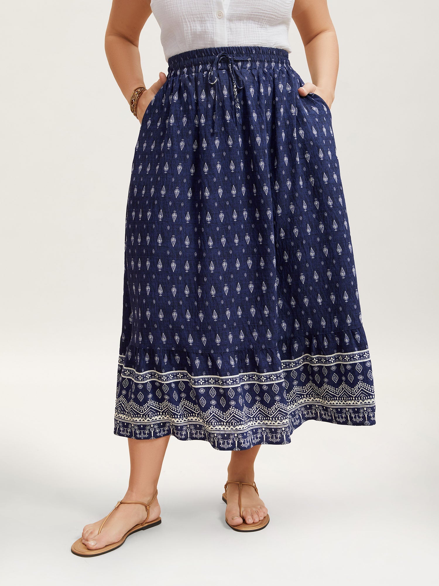 Boho Print Pleated Drawstring Midi Skirt