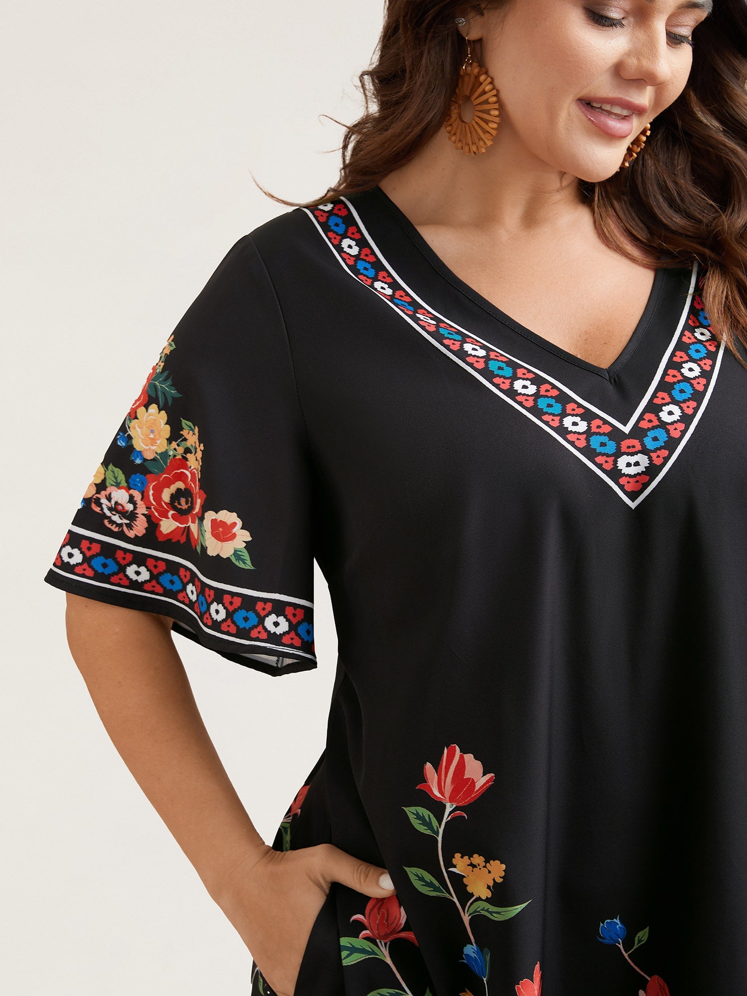 Boho Print V-Neck Flared Sleeve Midi Dress