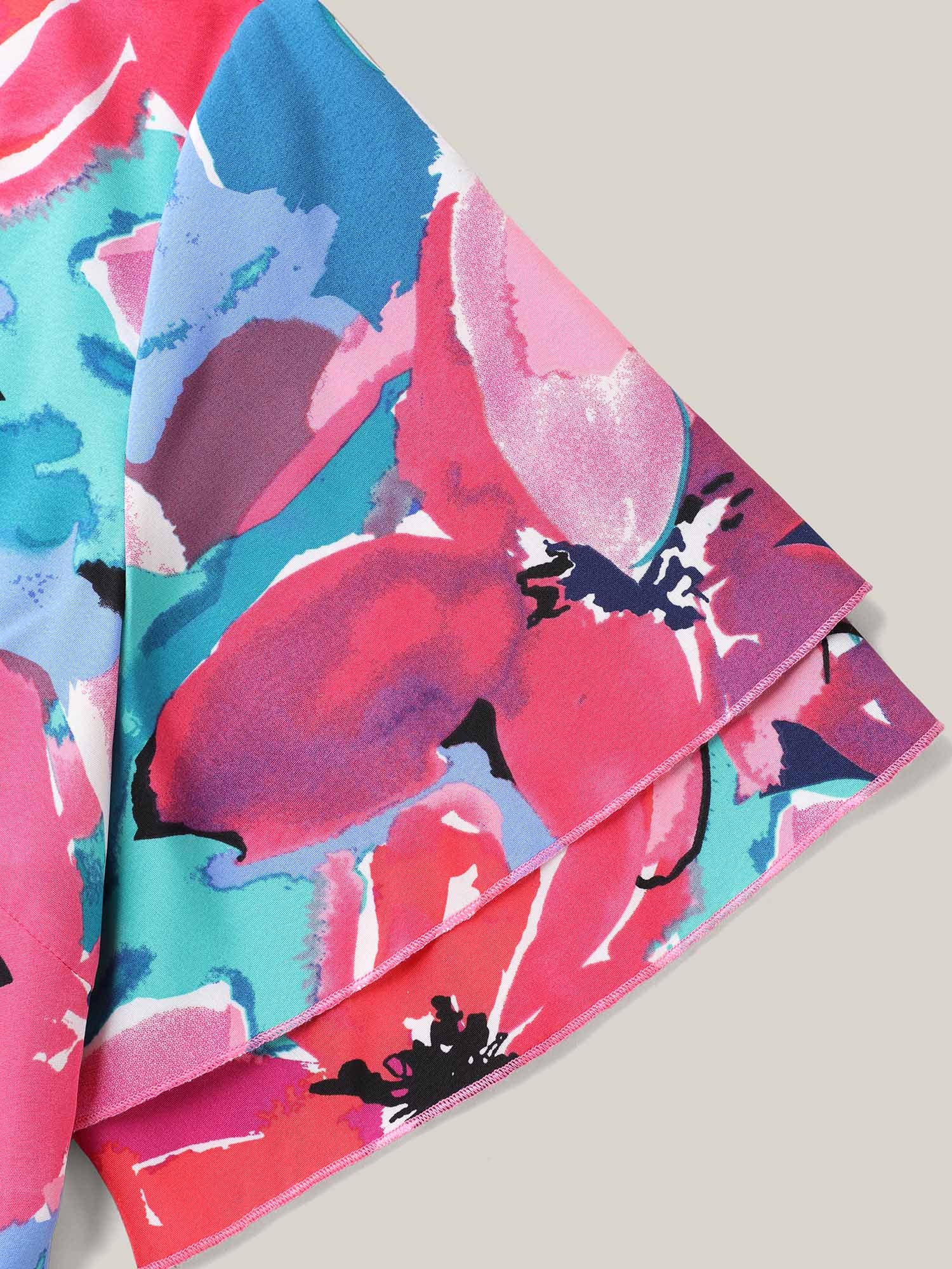 Multi-Color Floral V-Neck Pockets Midi Dress
