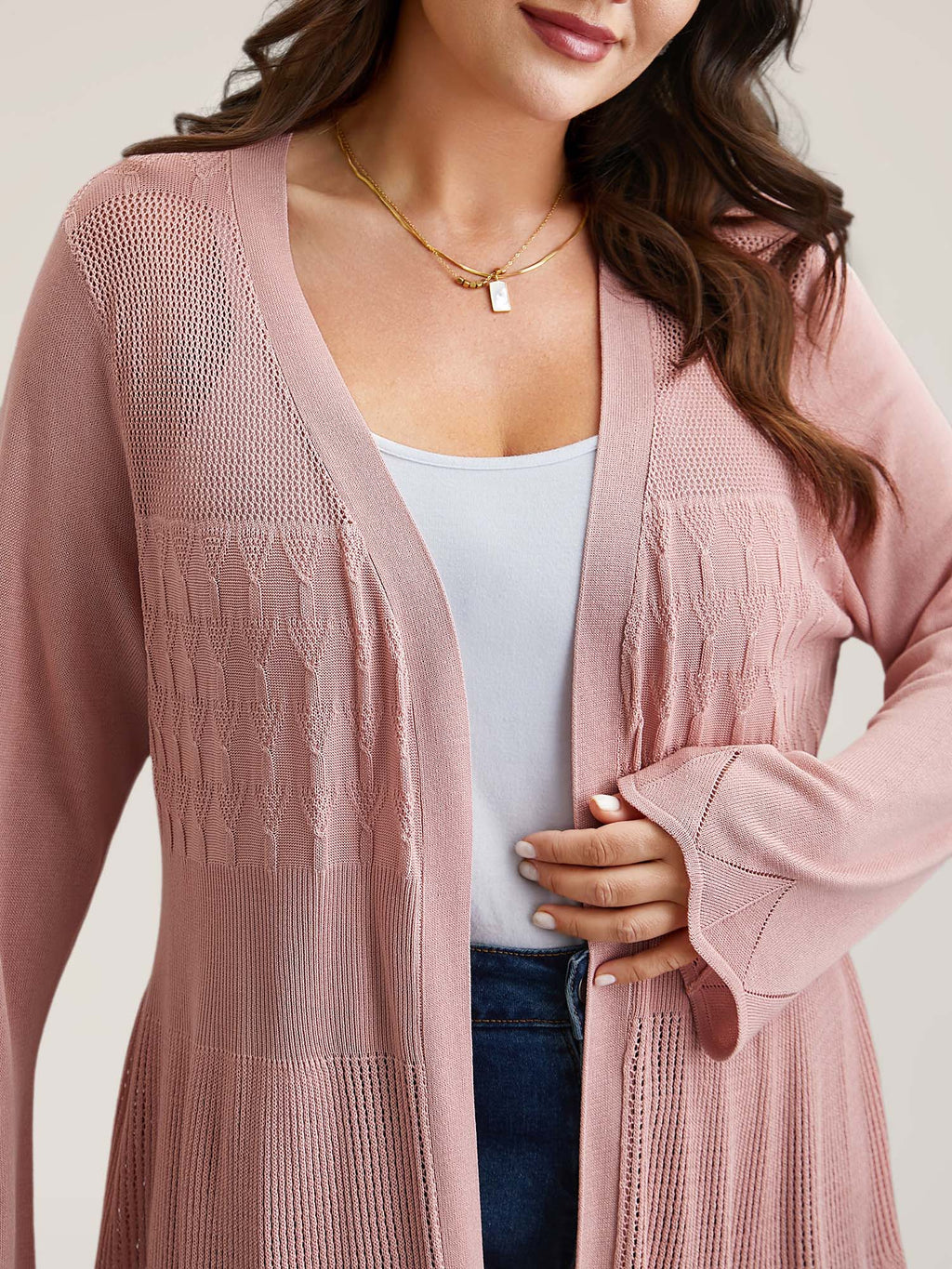 Cut-Out Textured Open-Front Knit Cardigan
