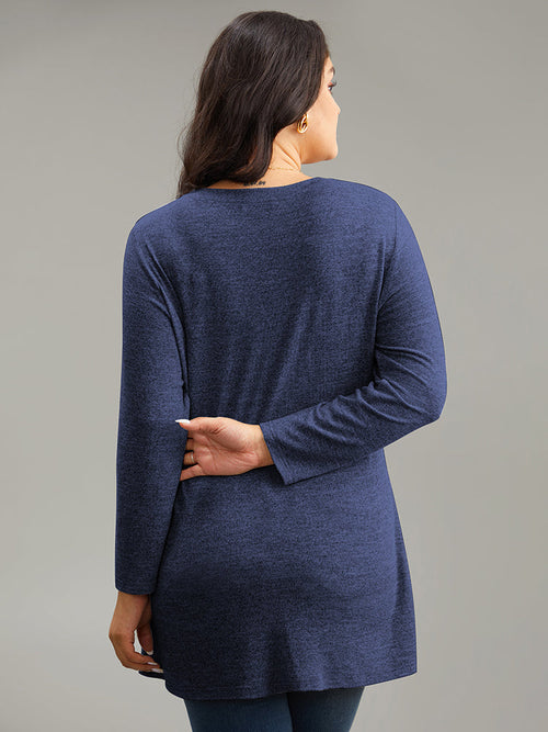 Contrast Patchwork Crew Neck Button Detail T-shirt