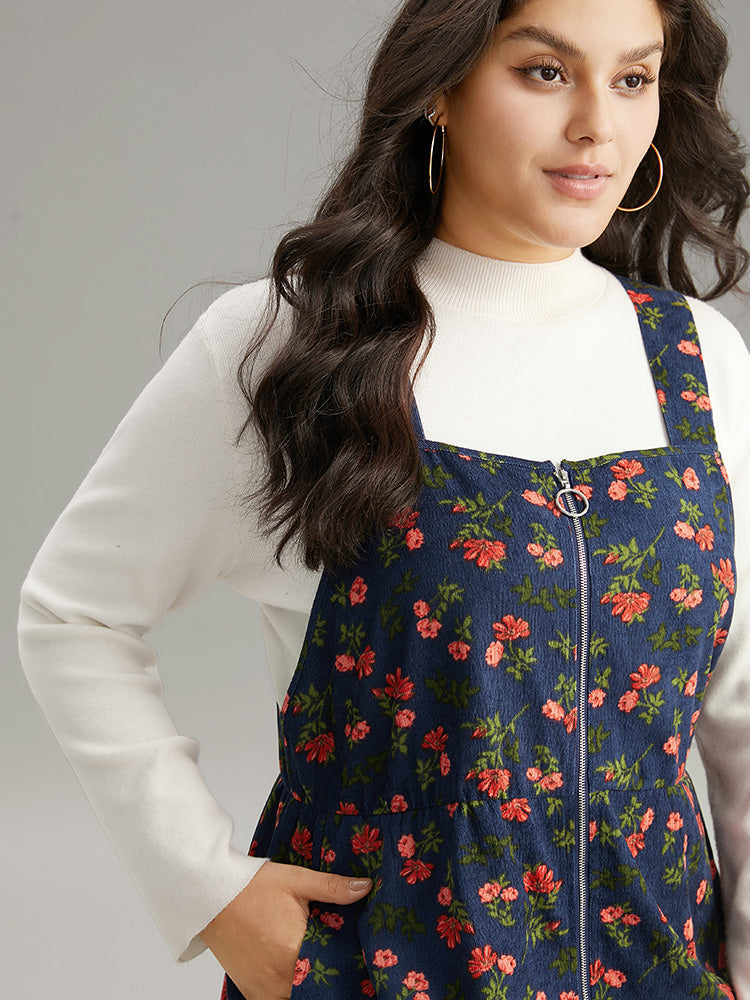 Ditsy Floral Corduroy Pocket Zipper Fly Cami Dress