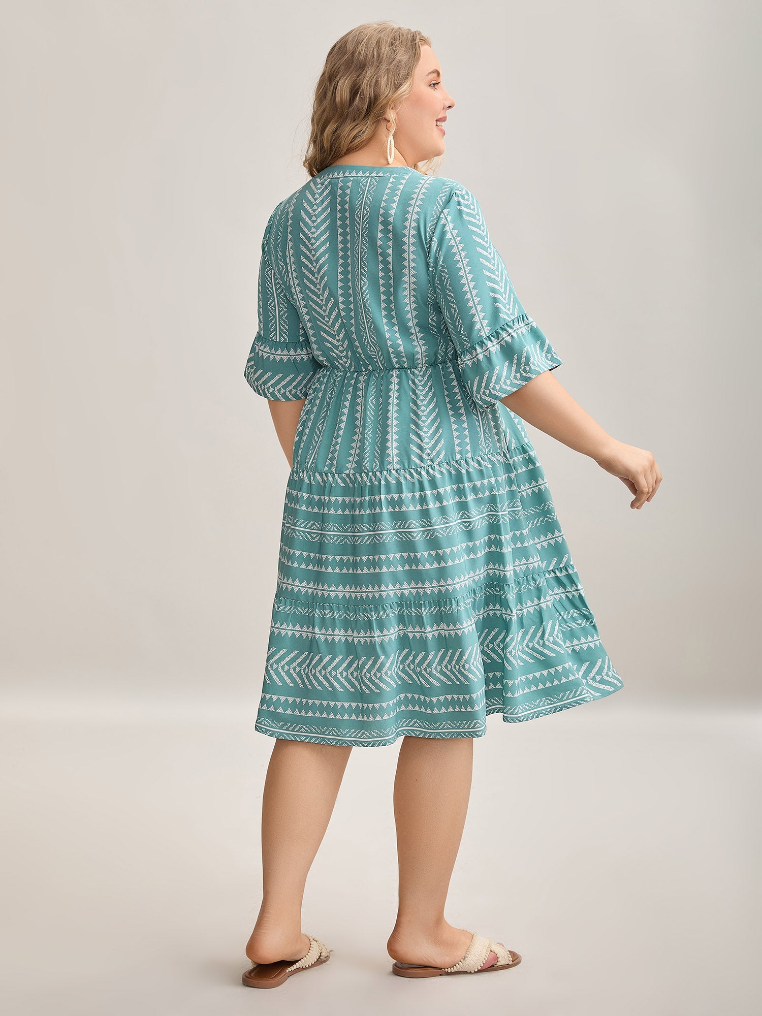 Boho Stripe Print Stretchy Waist Midi Dress