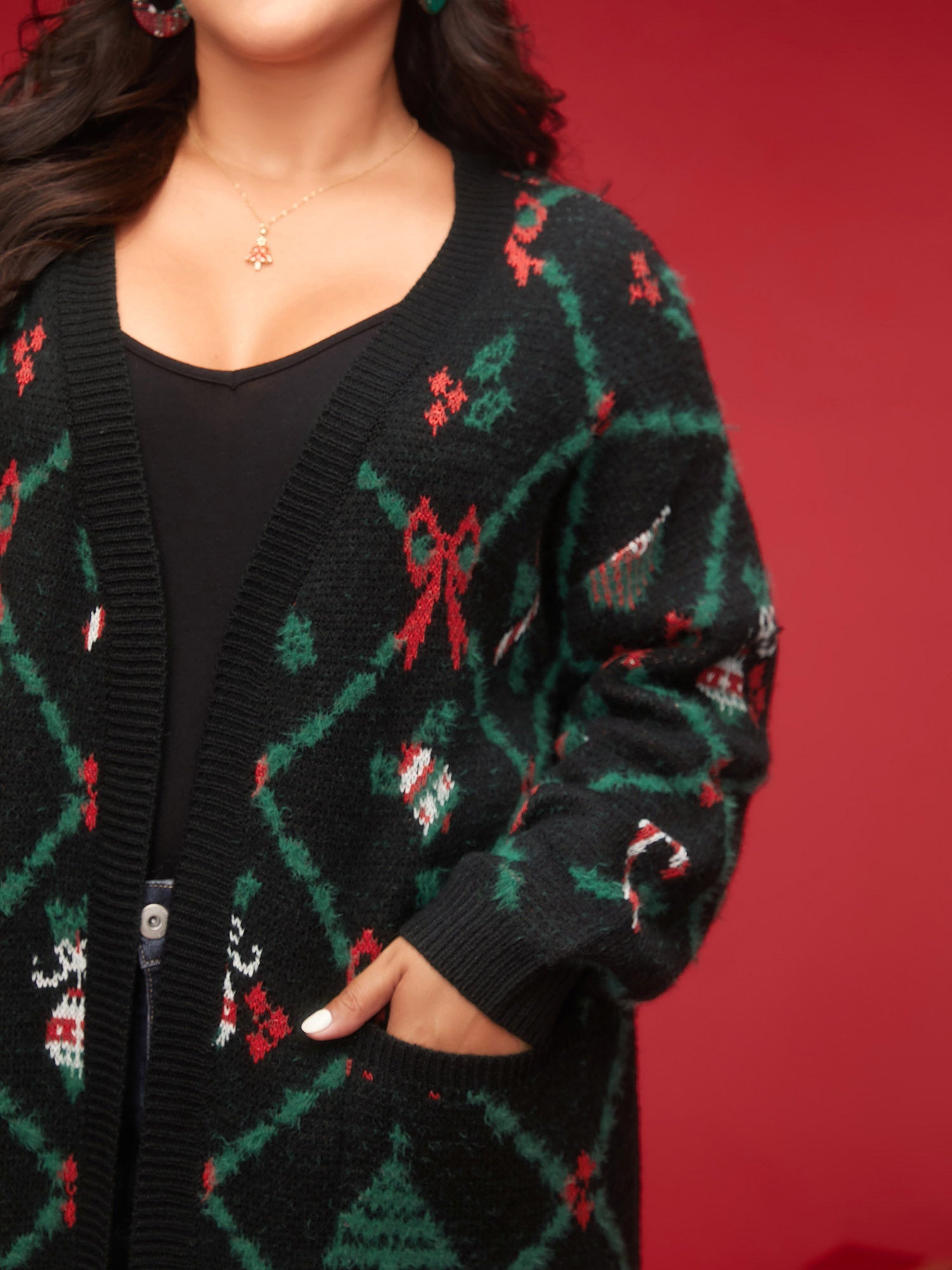 Festive Plaid Pattern Open-Front Cardigan
