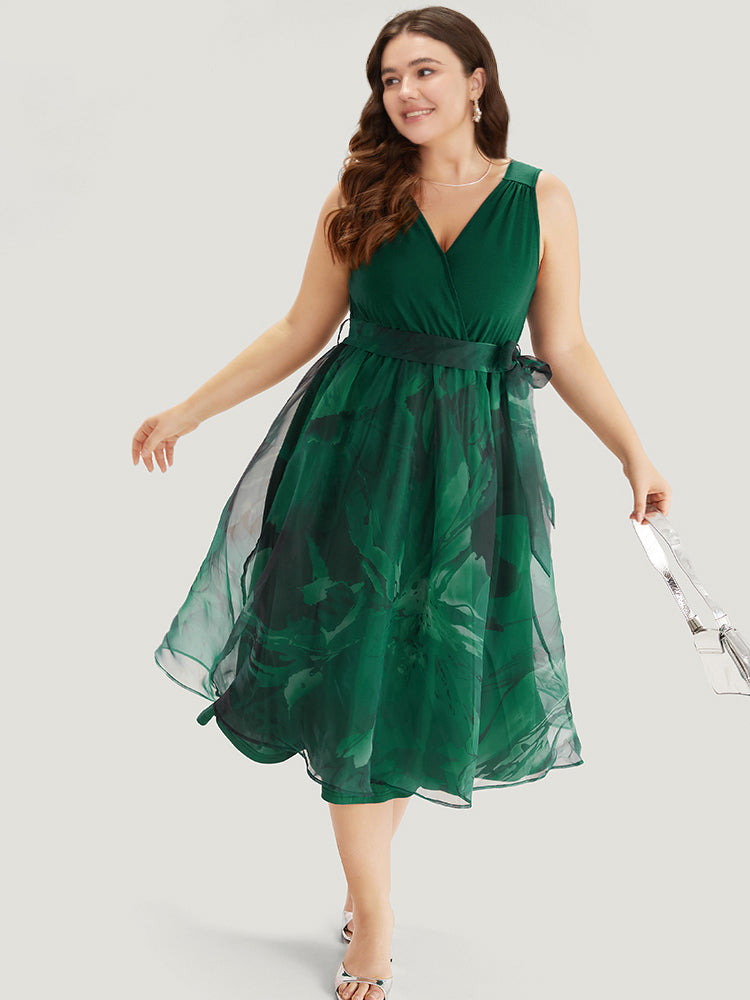 Floral Print Belted Patchwork Pocket Tank Dress