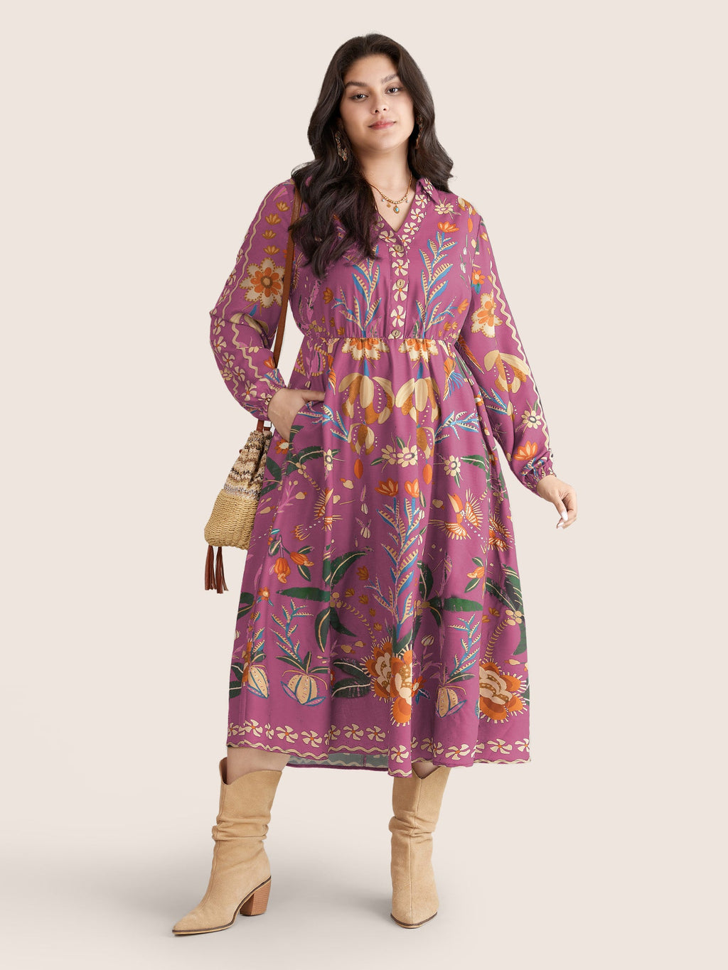 Bandana Print Pocket Lapel Collar Elastic Cuffs Dress
