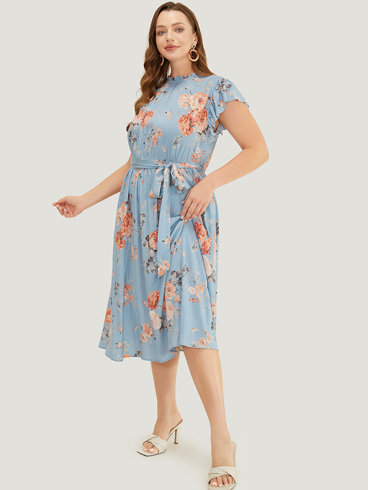 Floral Frill Trim Mock Neck Pocket Ruffle Belted Cap Sleeve Dress