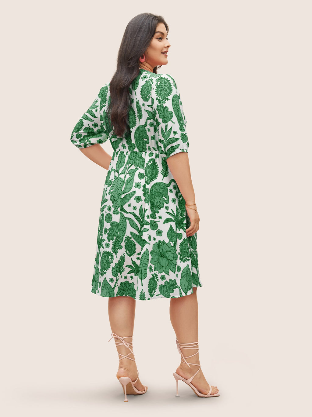 Plants & Animal Print Notched Lantern Sleeve Dress