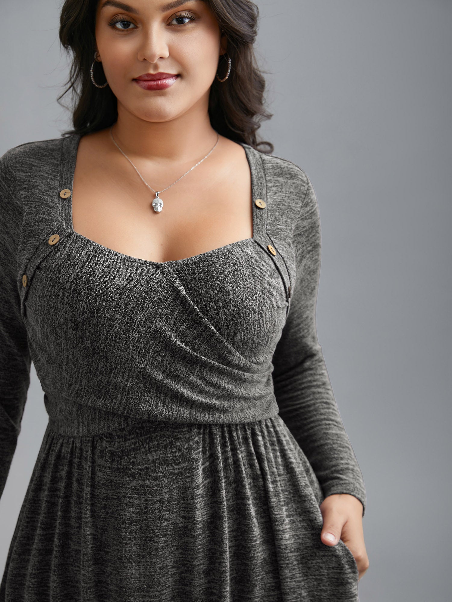 Heart Neckline Button Detailing Crossover Fit Dress