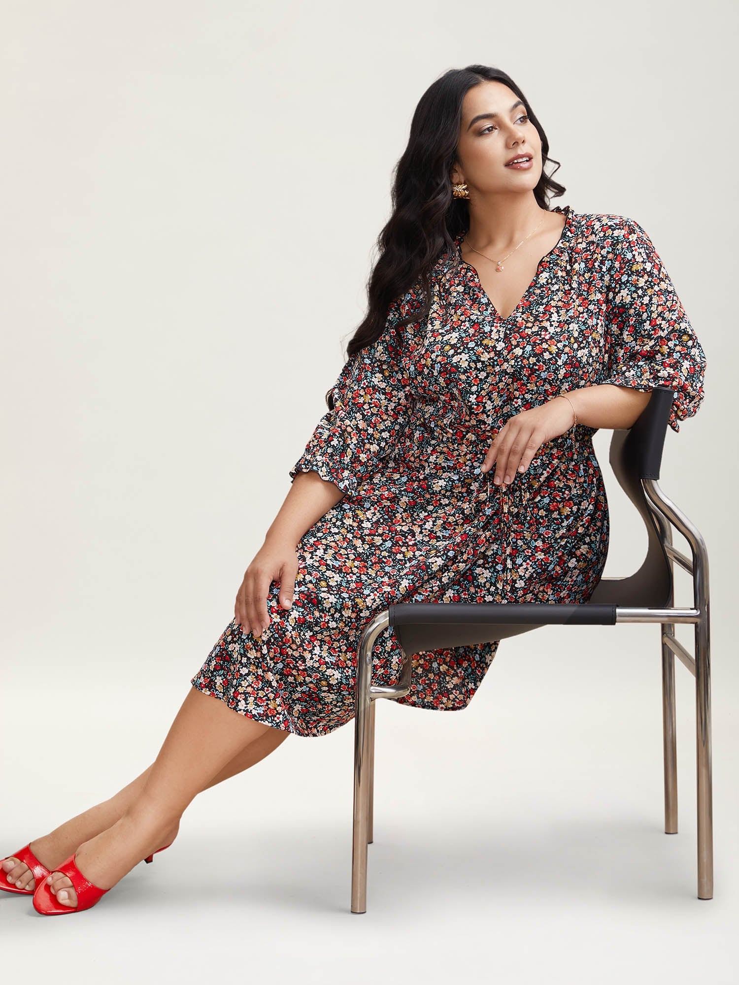 Floral Print Drawstring Pockets Flared Midi Dress