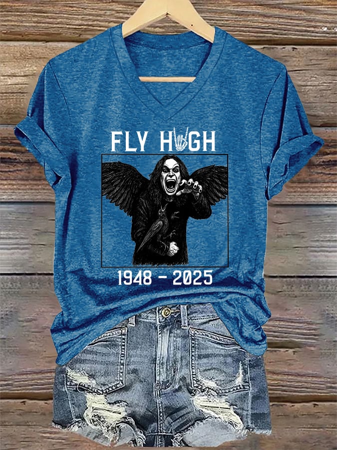 V-Neck Retro Rip Prince Of Darkness Fly High Print T-Shirt