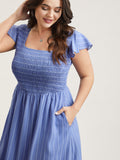 Striped Shirred Flutter Sleeve Midi Dress