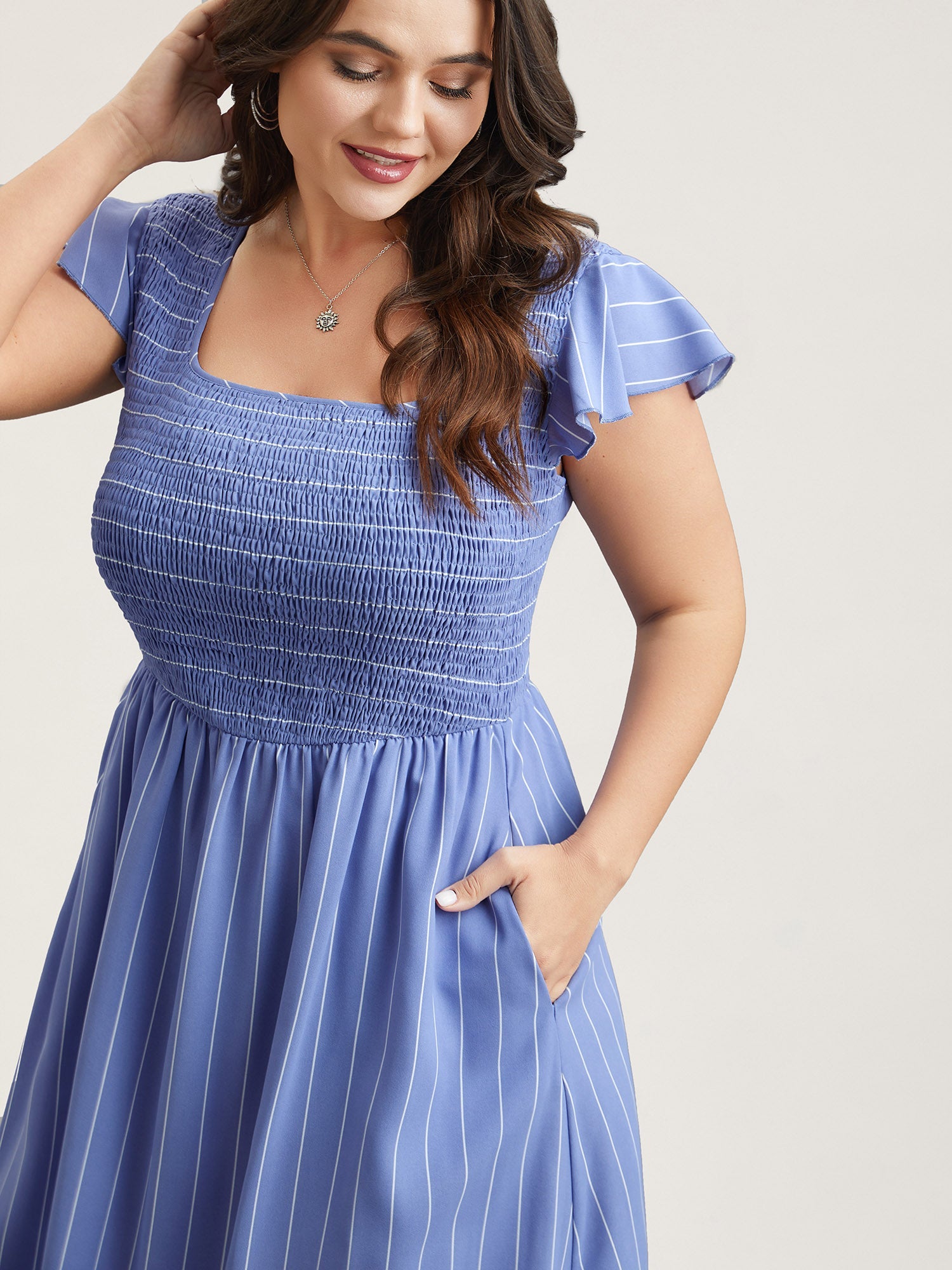 Striped Shirred Flutter Sleeve Midi Dress