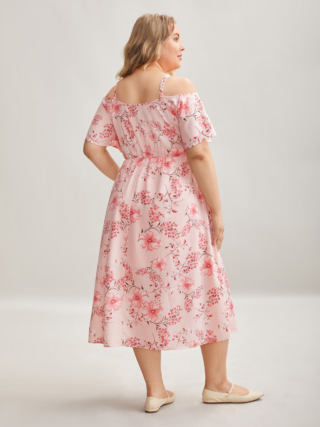 Floral Print Cold-Shoulder Pockets Midi Dress