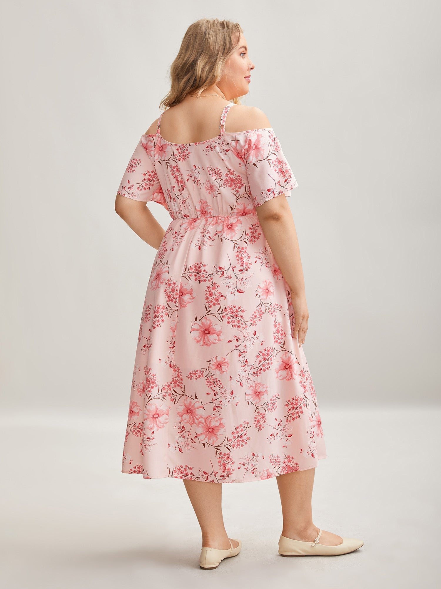 Floral Print Cold-Shoulder Pockets Midi Dress