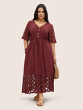 Crochet Lace Mesh Button Detail Drawstring Dress