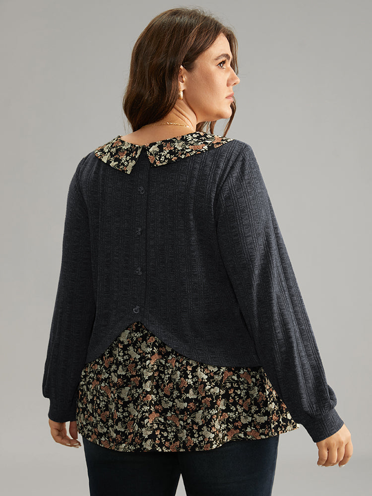 Ditsy Floral Patchwork Button Detail Lapel Collar T-shirt